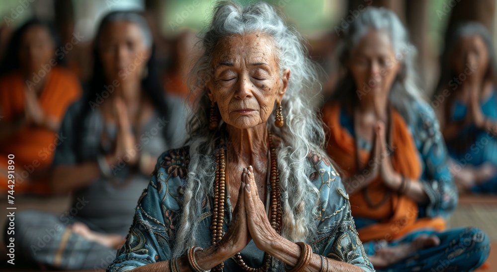 A serene woman, adorned in traditional temple clothing, sits in deep prayer, her closed eyes conveying a sense of peace and connection to the divine