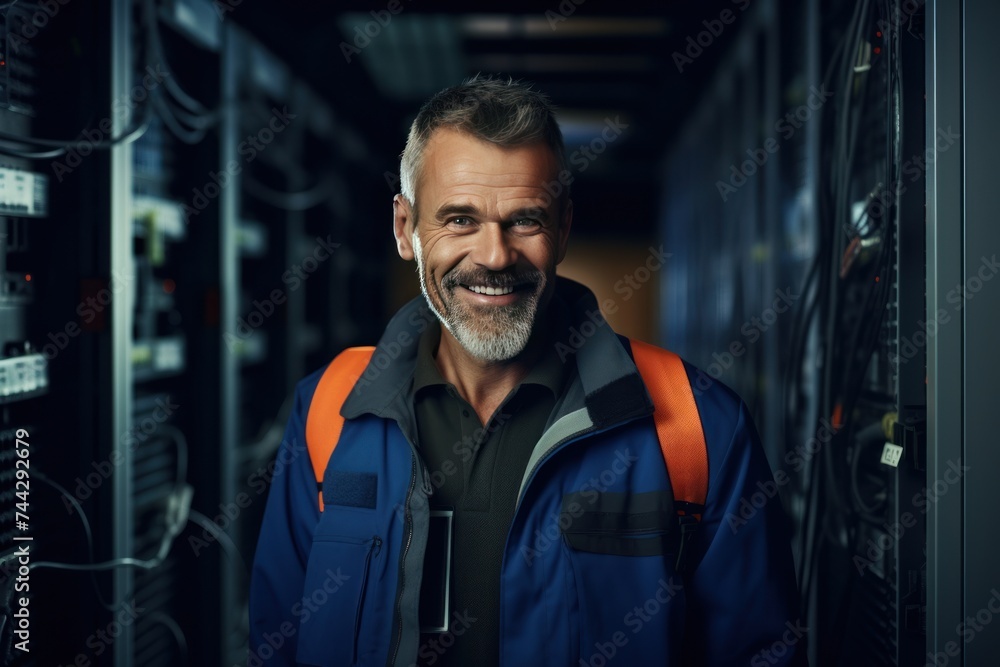 Portrait of a male smiling technician in a data center with servers stands. Portrait of a male smiling technician in a data center with servers stands.