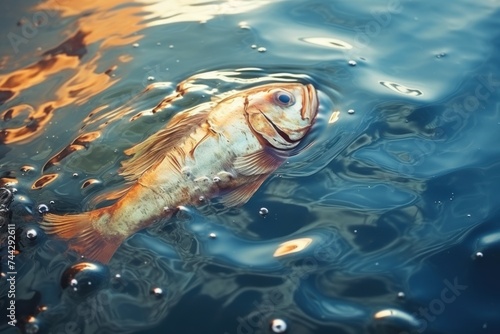 Dead fish in water due to oil leaking pollution.