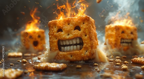 A fiery-faced cracker crunches under the weight of a hungry snacker, igniting a fiery explosion of flavor and satisfaction photo