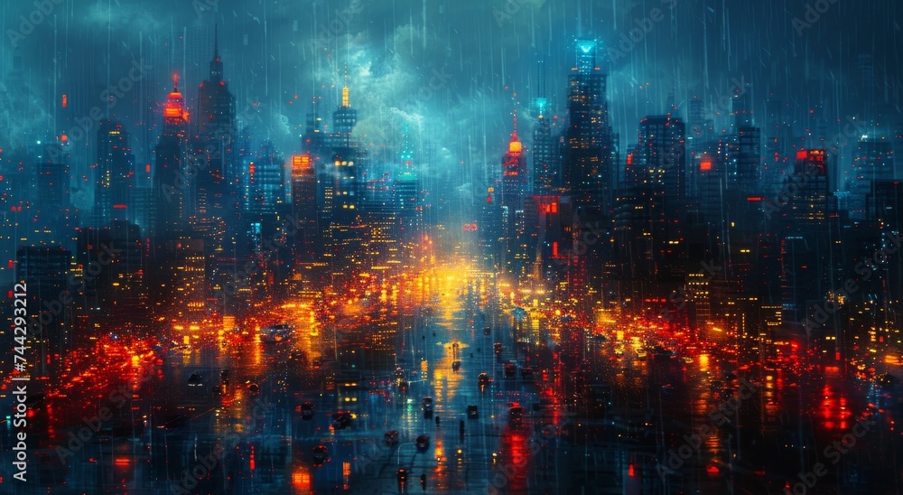 As the rain pours down on the towering skyscrapers and illuminated buildings, the city transforms into a mesmerizing sea of light on a dark, stormy night As the rain pours down on the towering skyscrapers and illuminated buildings, the city transforms into a mesmerizing sea of light on a dark, stormy night