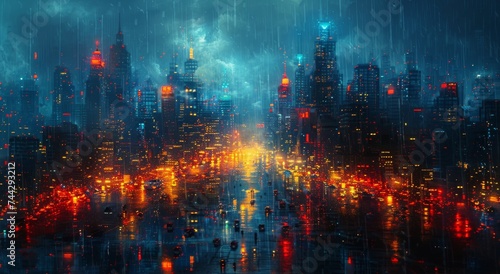 As the rain pours down on the towering skyscrapers and illuminated buildings, the city transforms into a mesmerizing sea of light on a dark, stormy night
