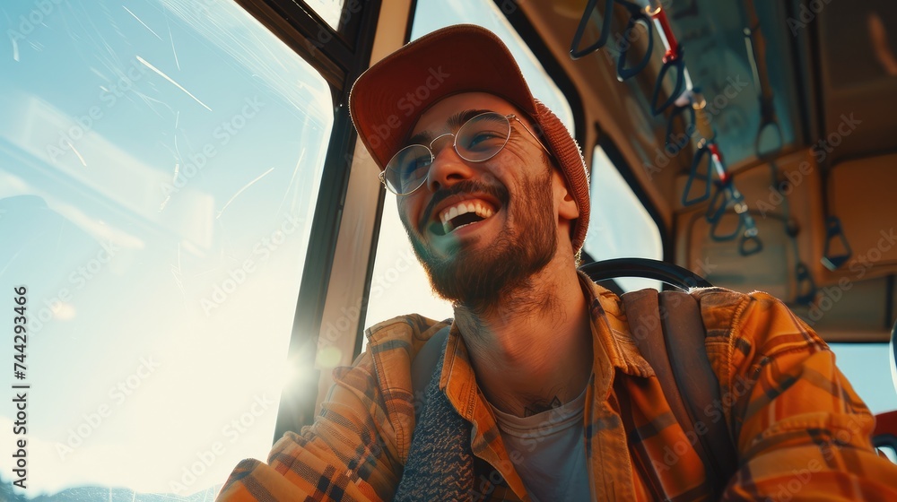 Low view concept of happy man sitting on bus Low view concept of happy man sitting on bus