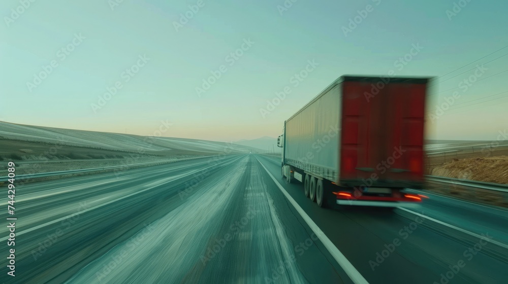 Transport truck at high speed drives on highway through countryside landscape. Fast motion blur on the expressway Transport truck at high speed drives on highway through countryside landscape. Fast motion blur on the expressway