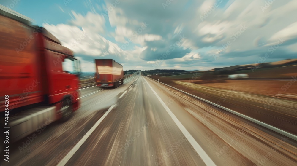 Transport truck at high speed drives on highway through countryside landscape. Fast motion blur on the expressway