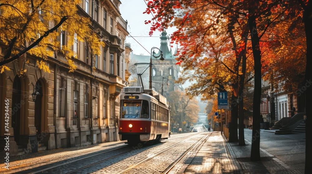 A tram in Autumn in the street of Prague with beautiful foliage. Czech Republic in Europe.