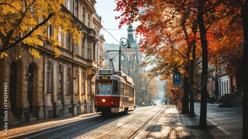 A tram in Autumn in the street of Prague with beautiful foliage. Czech Republic in Europe.