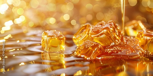 Luscious caramel candies melting softly on a pristine white surface, highlighting their golden hues.