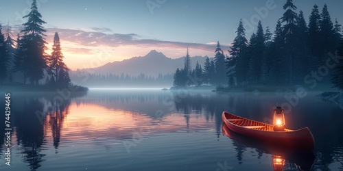 Tranquil lake scene with a canoe and lantern reflecting the serenity of nature at sunset photo