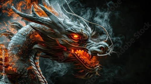 Chinese zodiac dragon with smoke as the mythical animal in Eastern Asia culture.