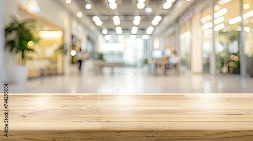 Empty beautiful wood table top counter and blur bokeh modern interior background in clean and bright Banner  Ready for product montage - generative ai