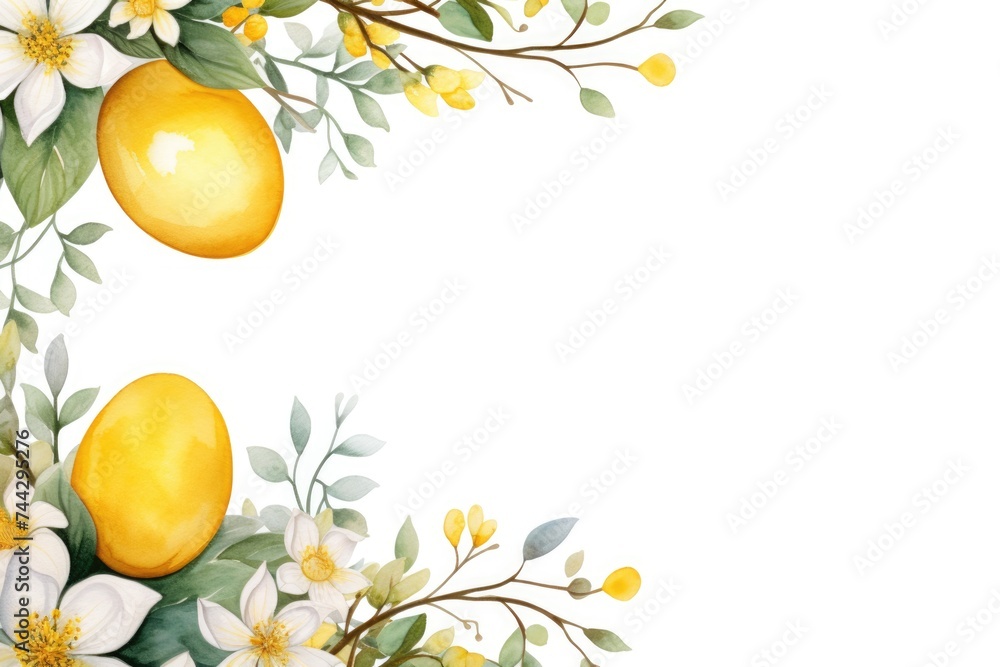 Watercolor holiday frame made of yellow easter eggs with spring flowers on white background. Happy Easter. Border for design greeting card, flyer, poster, banner, party invitation with copy space Watercolor holiday frame made of yellow easter eggs with spring flowers on white background. Happy Easter. Border for design greeting card, flyer, poster, banner, party invitation with copy space
