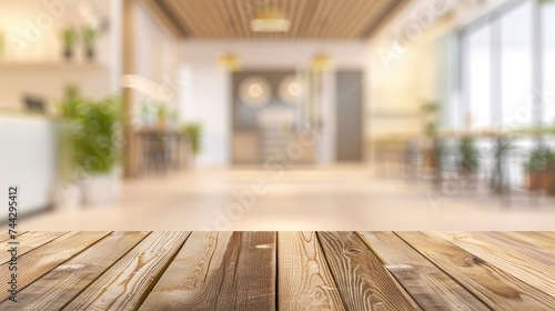 Empty beautiful wood table top counter and blur bokeh modern interior background in clean and bright Banner  Ready for product montage - generative ai