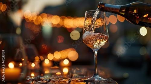 Champagne wine pouring in wine glasses in a celebration party.