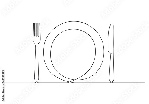 Continuous single line drawing of knife, fork and plate. Decoration for cafe or kitchen restaurant or menu cutlery vector illustration. Free vector