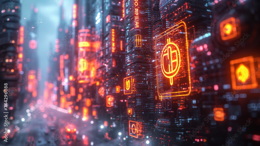 A futuristic market scene with virtual stalls selling digital goods and services. Above the stalls floating icons of different digital currencies signify the wide range of A futuristic market scene with virtual stalls selling digital goods and services. Above the stalls floating icons of different digital currencies signify the wide range of