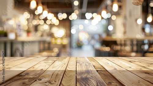 Empty beautiful wood table top counter and blur bokeh modern interior background in clean and bright Banner  Ready for product montage - generative ai