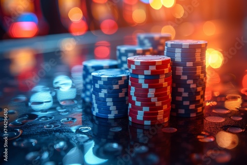 A neon-lit cityscape serves as the backdrop for a pile of poker chips, hinting at the allure of the gambling house and the potential for a refreshing soft drink to accompany a night of high-stakes ga photo