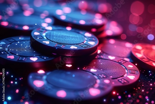 Glittering chips of chance and possibility, illuminated by a soft rose glow, beckoning players to test their luck and skill in the game of poker photo