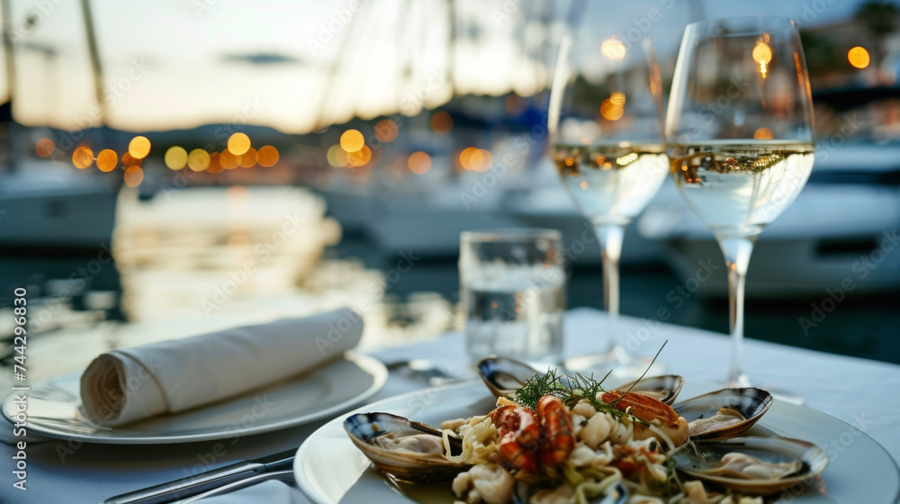 Background Indulging in a seafood feast at a waterfront restaurant with the smell of saler and the sight of sailboats swaying in the harbor. - obrazy, fototapety, plakaty 