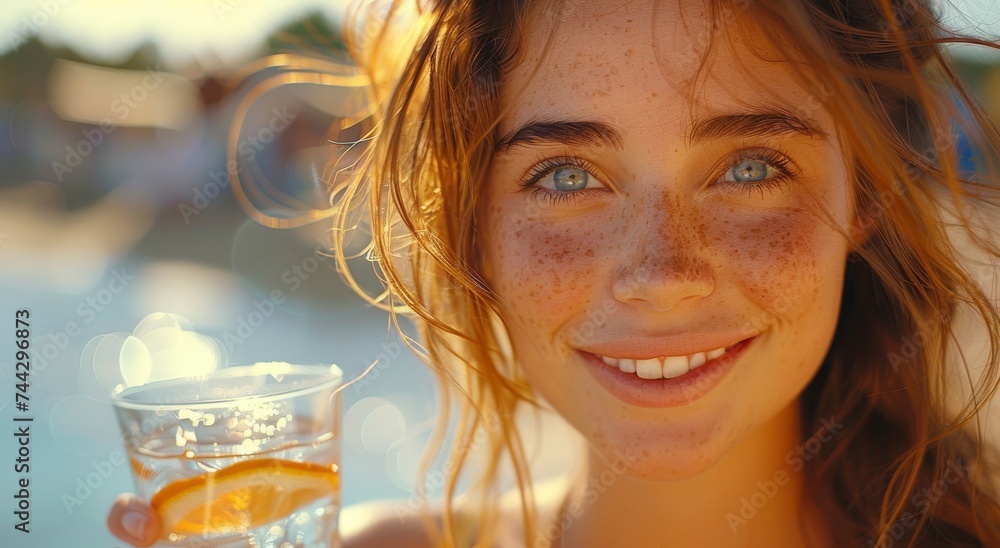 A radiant woman embraces the simple pleasure of quenching her thirst with a refreshing glass of water, her freckled face beaming with joy under the warm sunlight