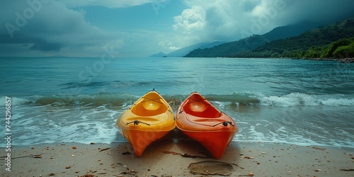 Amidst the breathtaking landscape  two kayaks rest peacefully on the sandy beach as the clouds float above and the majestic mountains reflect in the crystal clear water