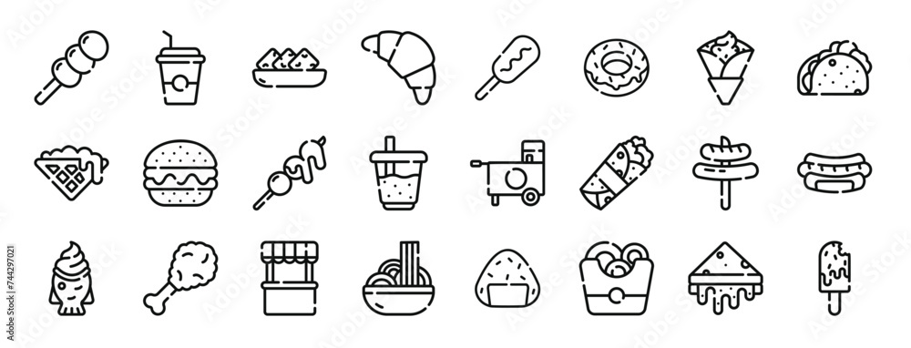 set of 24 outline web street food icons such as dango, coffe, nuggets, croissant, corn dog, donut, crepe vector icons for report, presentation, diagram, web design, mobile app
