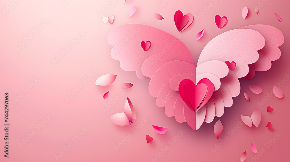 paper elements in shape of heart flying on pink background for valentine background design