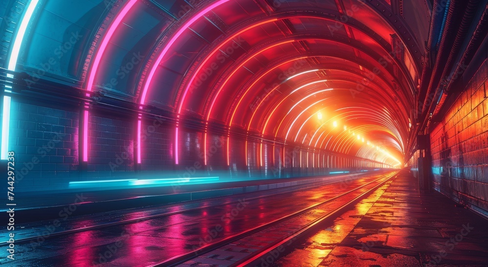 A dimly lit subway tunnel leads to a journey of endless possibilities under the cloak of the night A dimly lit subway tunnel leads to a journey of endless possibilities under the cloak of the night