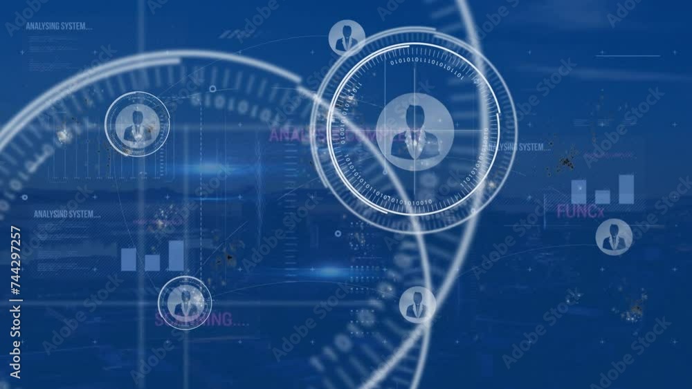 Animation of network of connections with icons over globe Animation of network of connections with icons over globe
