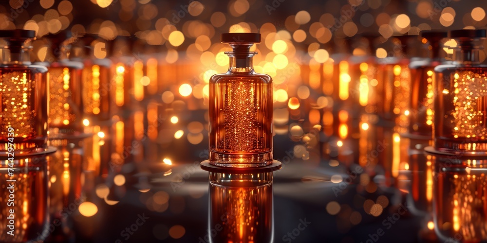 Sleek amber bottles on a reflective bar counter in ambient lighting - obrazy, fototapety, plakaty 
