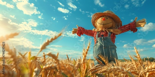 Friendly scarecrow in red plaid shirt standing guard over golden wheat fields under blue sky photo