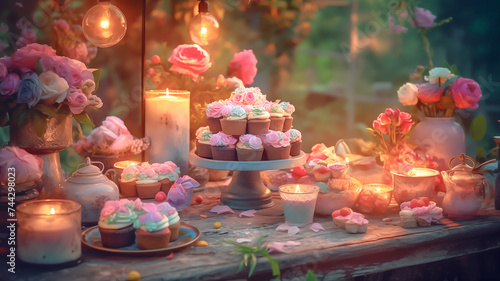 Delicious cake with flowers  candles and cupcakes on a dining table