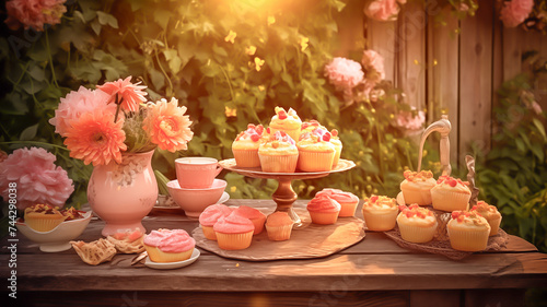 Delicious cake with flowers, candles and cupcakes on a dining table