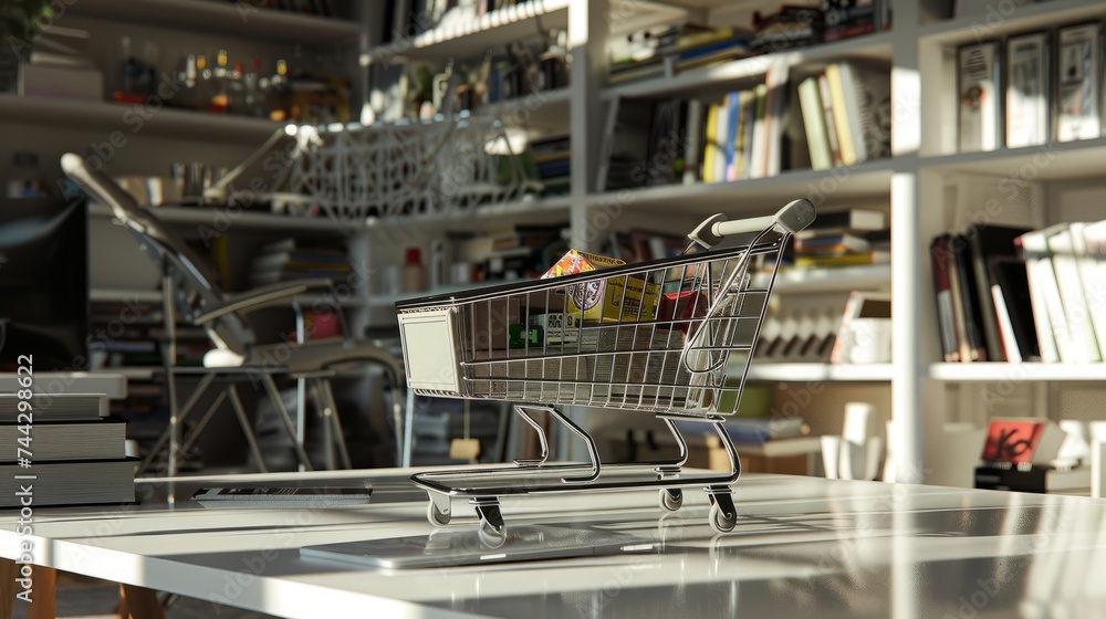 Fototapeta premium White desk on the laptop on the shopping cart, shopping page, e-commerce shopping, online shopping transportation