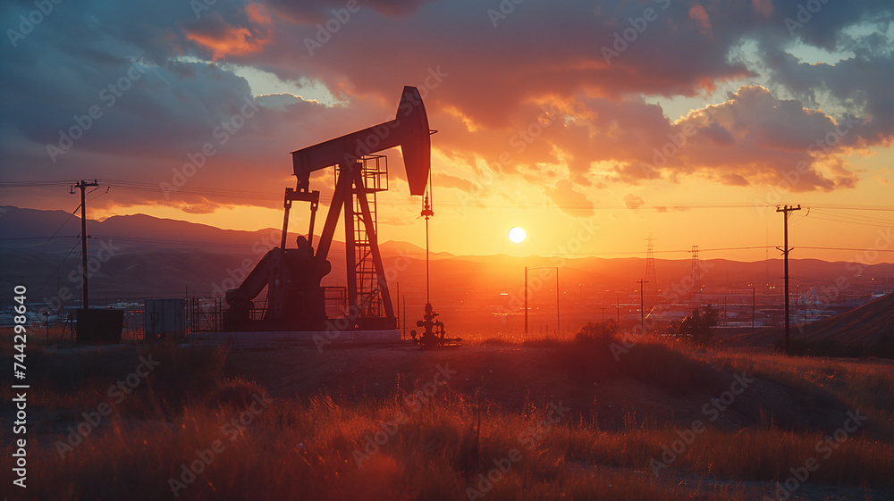 an oil pumpjack in operation against a sunset, fuel oil industry an oil pumpjack in operation against a sunset, fuel oil industry