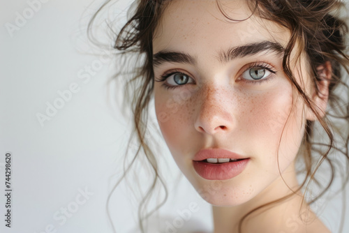 Clean caucasian woman face and fresh skin for fashion and beauty care ads