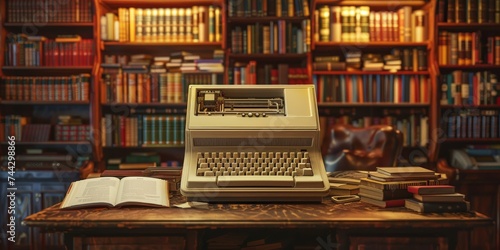Vintage computing machine placed in a well-lit classic library evoking nostalgia and knowledge
