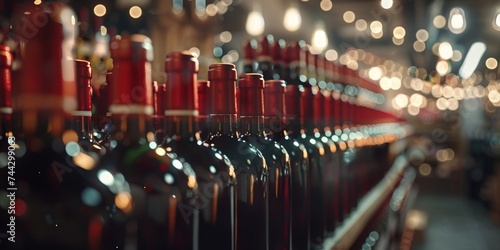 Premium red wine bottles lined up with a bokeh background in a luxurious display