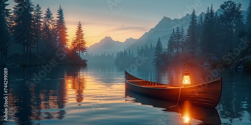 Tranquil lake scene with a canoe and lantern reflecting the serenity of nature at sunset photo