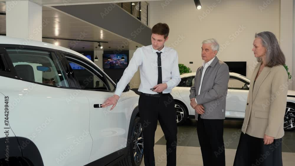 A salesman in a car dealership shows a car to a mature married couple. A salesman in a car dealership shows a car to a mature married couple.