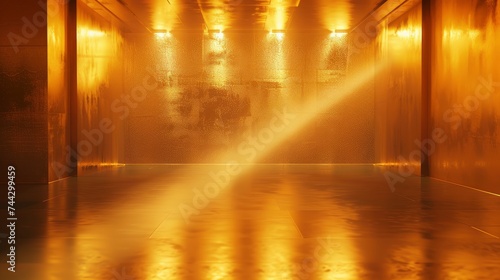 Product showcase with highlights. Gold studio room background. Use as a montage for product displays - generative ai