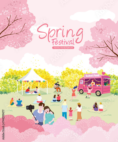 개나리와 벚꽃이 활짝핀 공원에서 축제와 소풍을 즐기는 사람들
 photo