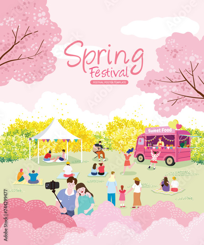 개나리와 벚꽃이 활짝핀 공원에서 축제와 소풍을 즐기는 사람들
