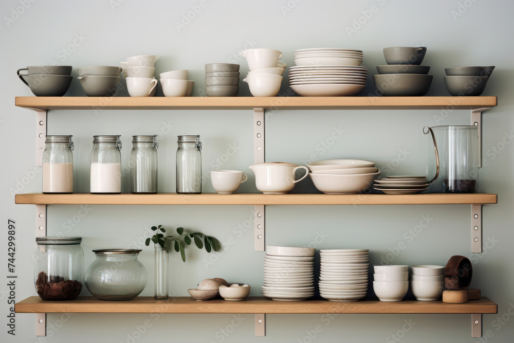 Clean and Modern Ceramic Tableware Collection on Wooden Shelf Clean and Modern Ceramic Tableware Collection on Wooden Shelf