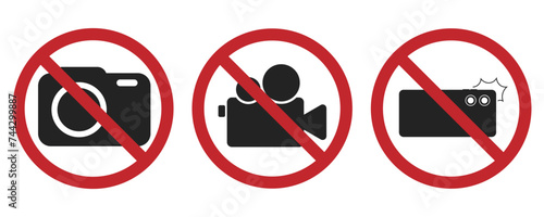 Bundle set prohibition sign no camera phone allowed, do not take picture and video with round camera crossed red label