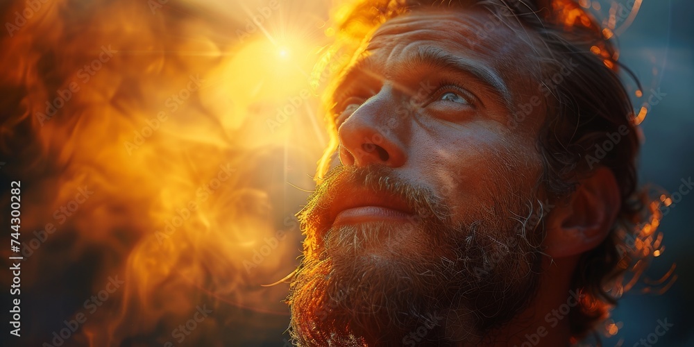 As the sun beats down on his weathered face, the man's fiery beard and moustache glow with the intensity of the scorching heat, painting a portrait of strength and resilience in the face of nature's 