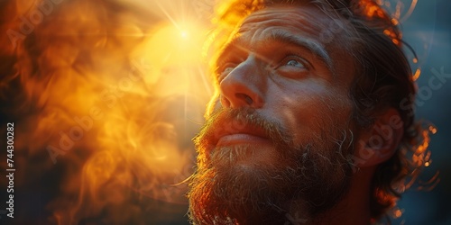 As the sun beats down on his weathered face  the man s fiery beard and moustache glow with the intensity of the scorching heat  painting a portrait of strength and resilience in the face of nature s 