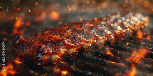 The sizzling ribs dance over the fiery heat of the grill, infusing the charcoal with smoky flavors as ash falls like snowflakes in a deliciously tempting barbecue scene
