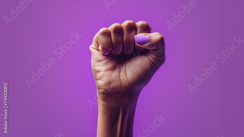 Raised purple fist of a woman for international womens day